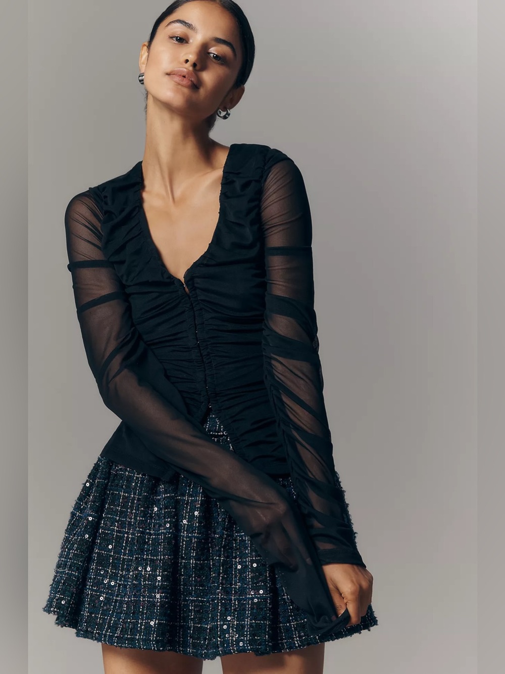Maeve Anthropologie Ruched Long Sleeve V Neck Top Black Size Medium